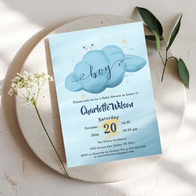 Convite Chá de Bebê Menino com Nuvem de Aquarela Fofa (Criador carregado)