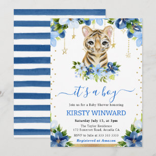 Convite Chá de Bebê Menino com Tigre Floral em Aquarela