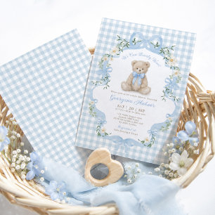 Convite Chá de Bebê Menino com Urso de Xadrez Azul Teddy