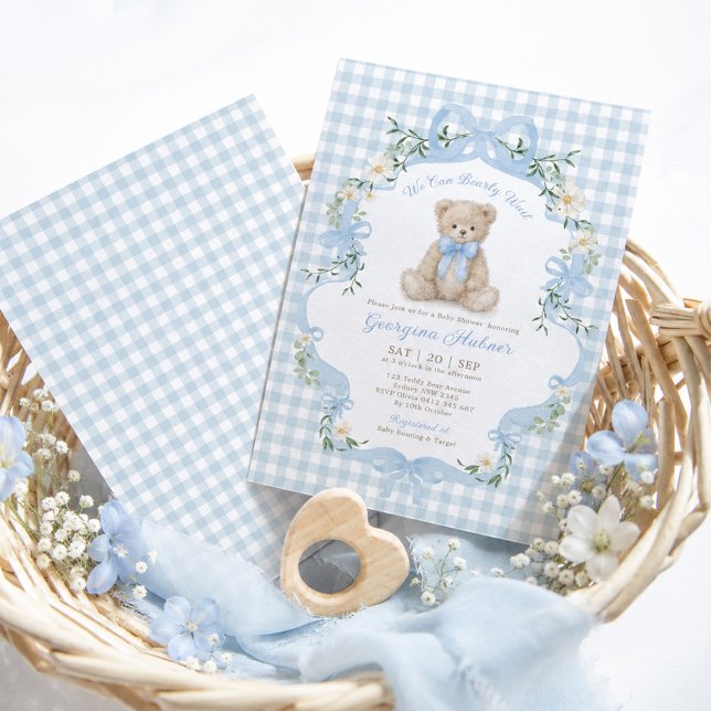 Convite Chá de Bebê Menino com Urso de Xadrez Azul Teddy (Criador carregado)