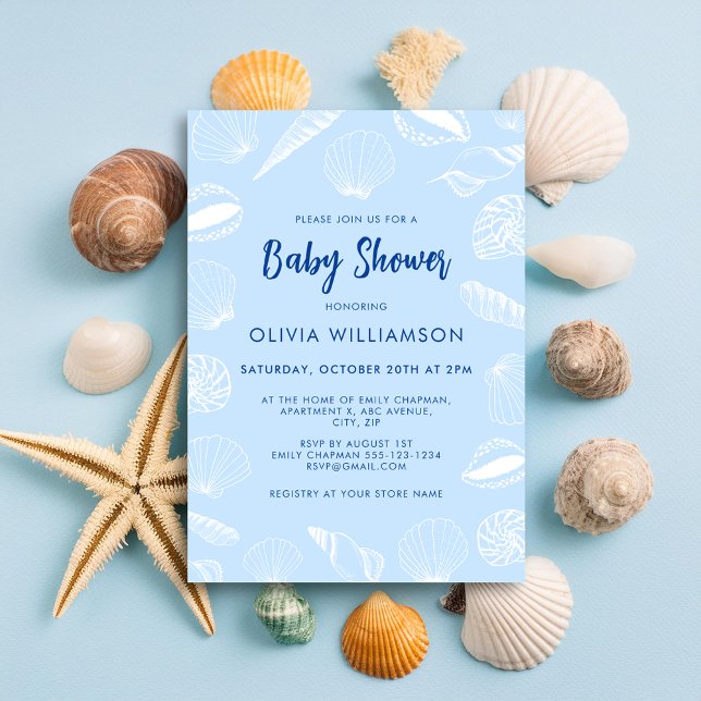Convite Chá de Bebê Menino Conchas do Mar Oceano Praia (Baby blue seashell baby shower invitation for beach ocean nautical theme mom to be celebrations)