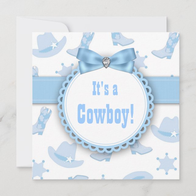 Convite Chá de Bebê Menino Cowboy Azul (Frente)
