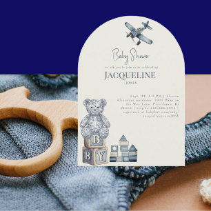 Convite Chá de Bebê Menino Cream & Blue Brinquedos Arco de