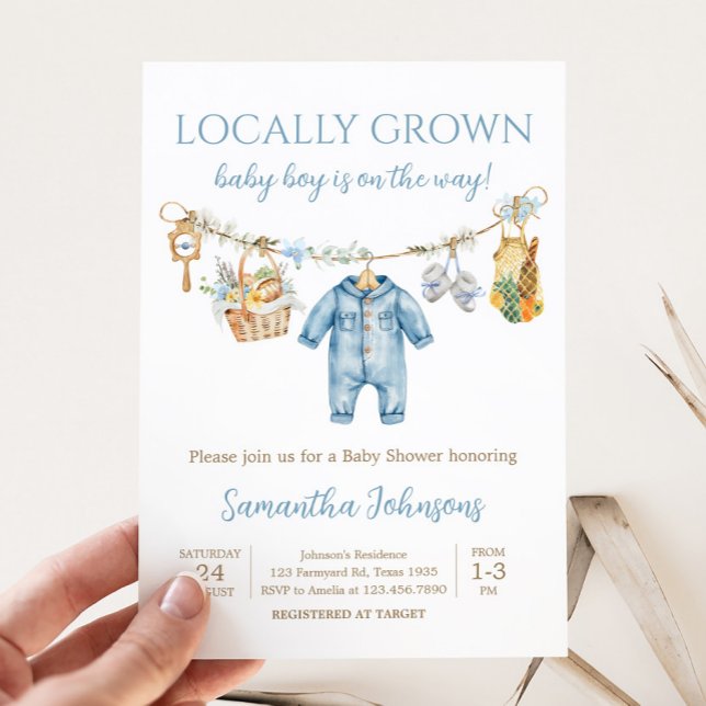 Convite Chá de Bebê Menino Cultivado Localmente (Blue Locally Grown Baby Shower Invitation)