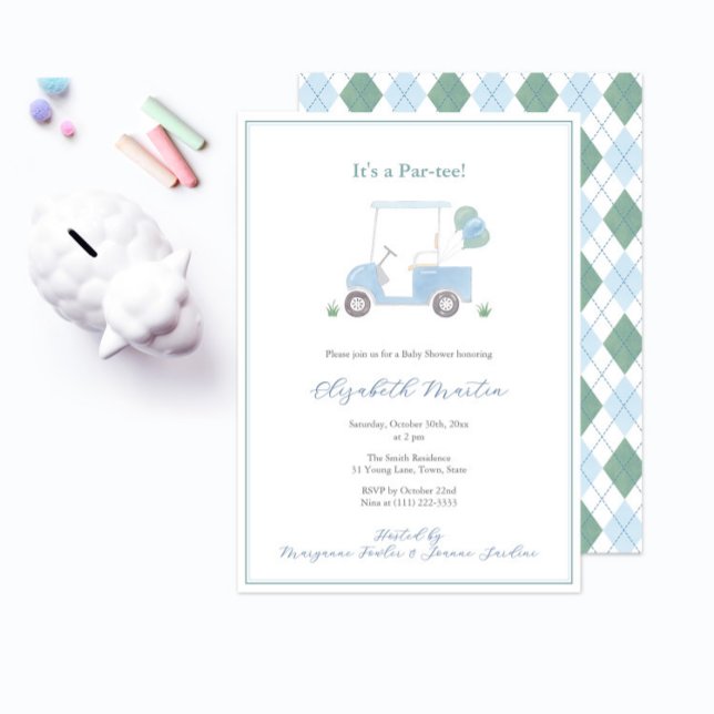 Convite Chá de Bebê Menino de Carrinho de Golfe Azul Prepp (it's a golf theme baby shower par-tee with pale blue golf cart and blue green diamond argyle pattern)