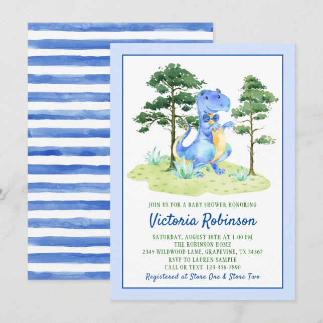 Convite Chá de Bebê Menino Dinossauro Aquarela (Frente/Verso)