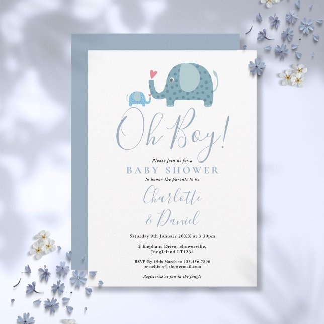 Convite Chá de Bebê Menino Elefantes Fofos (Oh Boy Cute Elephants Baby Shower Invitation)