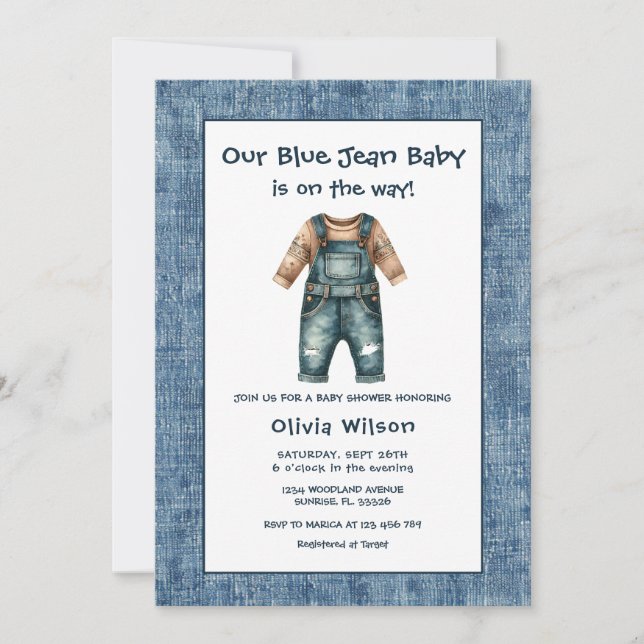 Convite Chá de Bebê Menino em Jeans Azul Rústico (Frente)