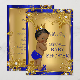Convite Chá de Bebê Menino Étnico Floral Dourado Azul