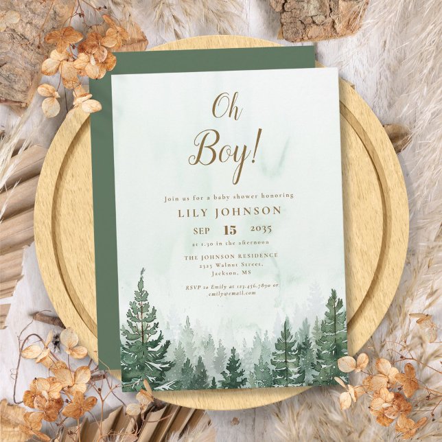 Convite Chá de Bebê Menino Floresta de Pinheiros (Oh Boy Pine Tree Forest Baby Shower Invitation)