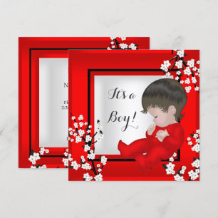 Convite Chá de Bebê Menino Fofo Flor de Cerejeira Vermelha