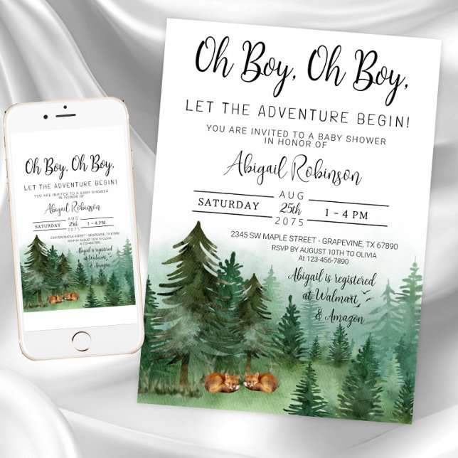 Convite Chá de Bebê Menino Gêmeo Raposa na Floresta (Boy twin fox woodland baby shower invitation. Instant download and printed invitations available.)
