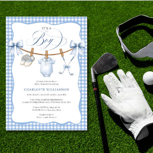 Convite Chá de Bebê Menino Golfe Azul Xadrez