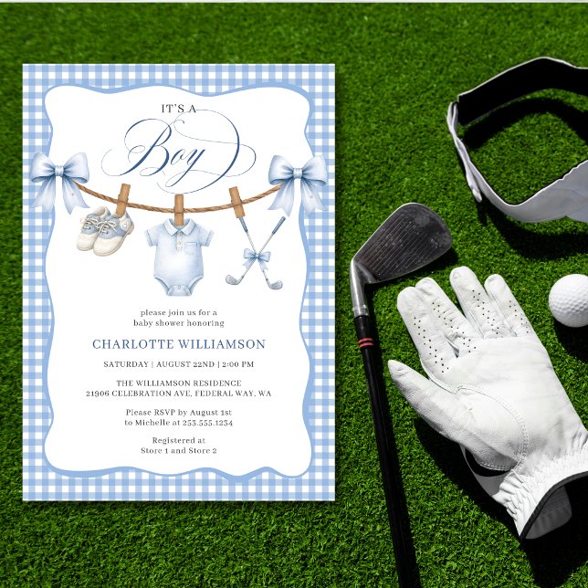 Convite Chá de Bebê Menino Golfe Azul Xadrez (Golf Blue Gingham Clothesline Baby Boy Shower Invitation)