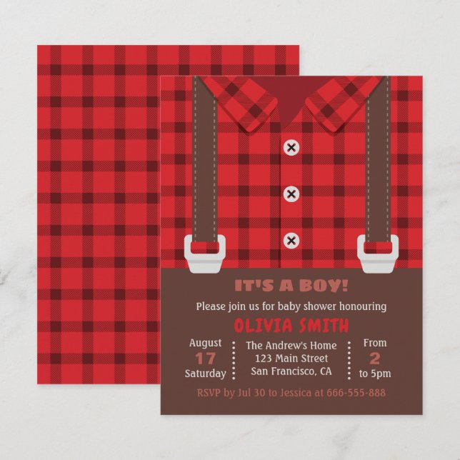 Convite Chá de Bebê Menino Lumberjack Plaid Vermelho (Frente/Verso)