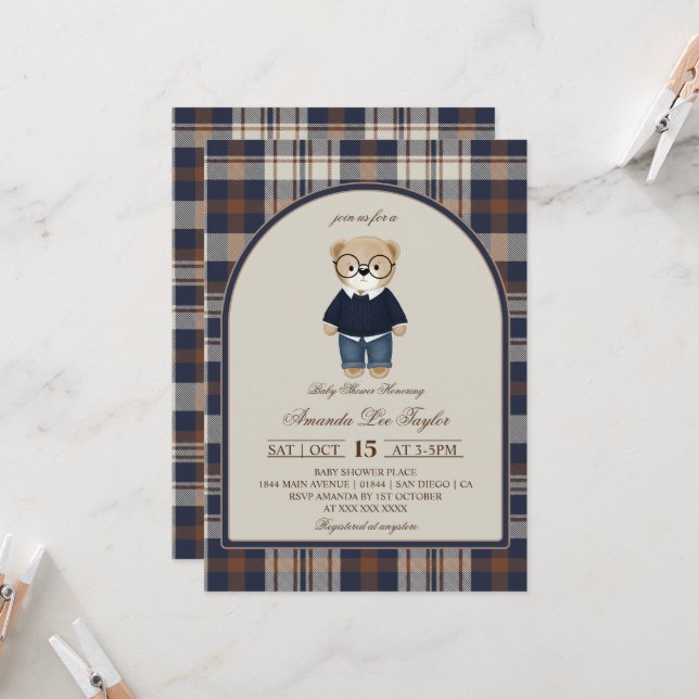 Convite Chá de Bebê Menino Luxo Xadrez Urso (Frente/Verso In Situ)