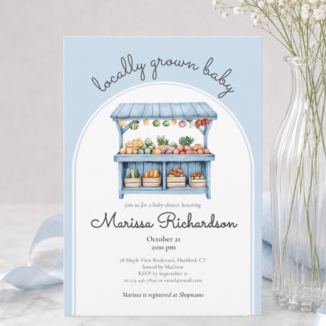 Convite Chá de Bebê Menino no Mercado de Agricultores (elegant locally grown baby pastel blue farmers market baby boy shower invitation with custom details)