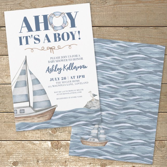 Convite Chá de Bebê Menino Oceano Náutico (Ocean Blue Nautical Boy Baby Shower Invitation)