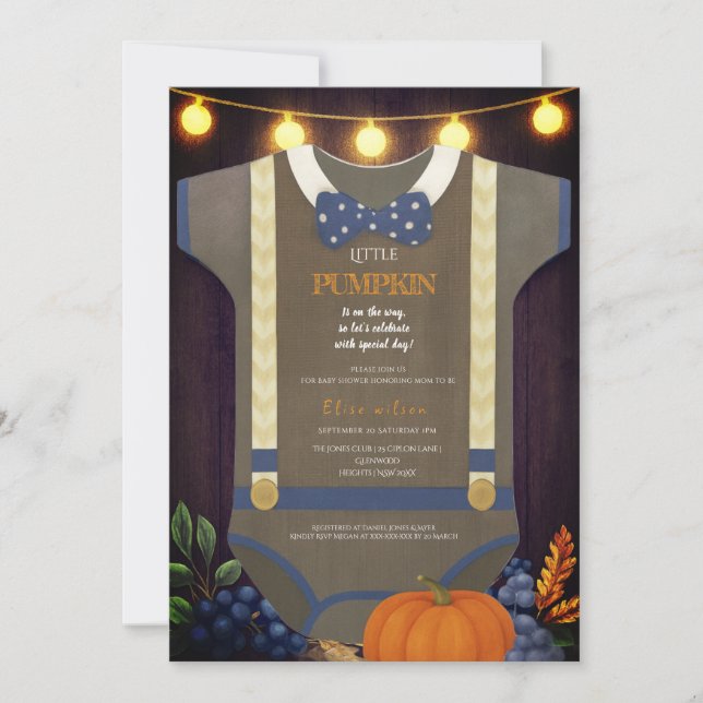 Convite Chá de bebê menino outono borrão aniagem body (Frente)