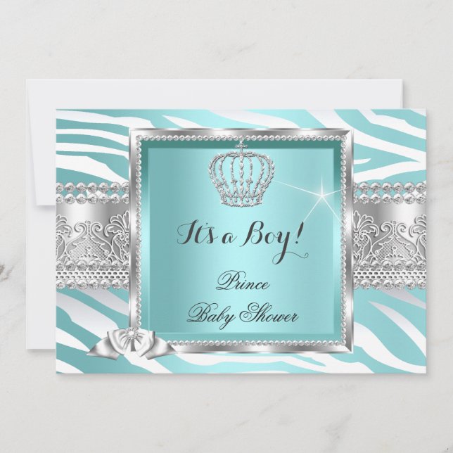 Convite Chá de Bebê Menino Príncipe Azul Mint Zebra (Frente)