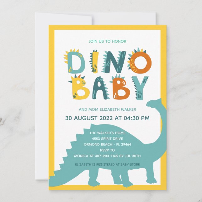 Convite Chá de Bebê Menino Recém-Nascido Dinossauro  (Frente)