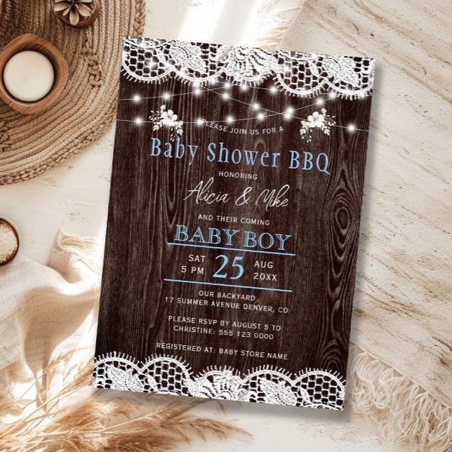 Convite Chá de bebê menino rústico de madeira BBQ (Criador carregado)