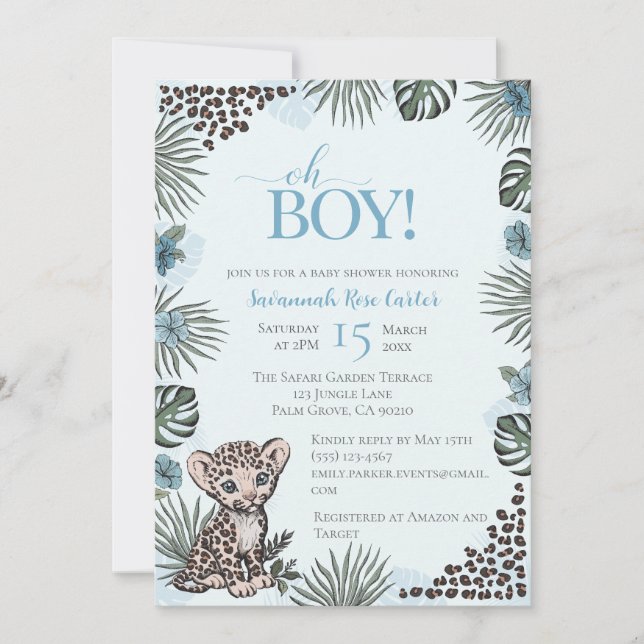 Convite Chá de Bebê Menino Safari Leopardo Fofo (Frente)
