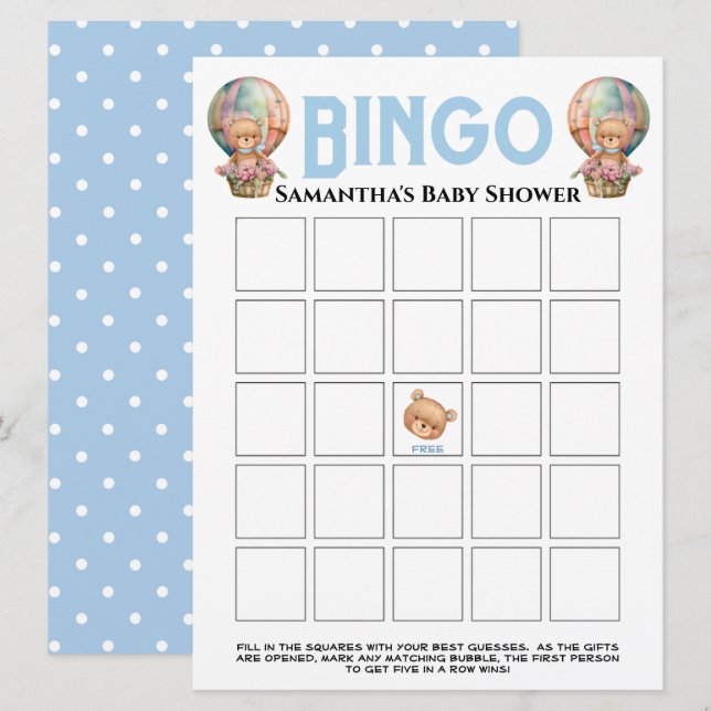 Convite Chá de Bebê Menino Teddy Balão Azul Bingo (Frente/Verso)
