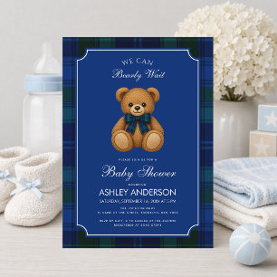 Convite Chá de Bebê Menino Teddy Bear Preppy Xadrez Azul