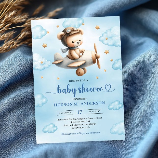 Convite Chá de bebê menino tema urso avião de ouro doce (Sweet gold airplane bear theme boy baby shower invite)
