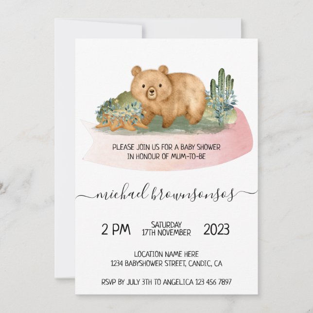 Convite Chá de Bebê Menino Urso Boho Aquarela Mamãe (Frente)