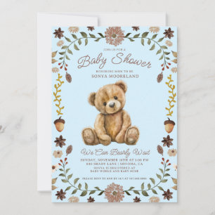 Convite Chá de Bebê Menino Urso de Pelúcia Aquarela Azul