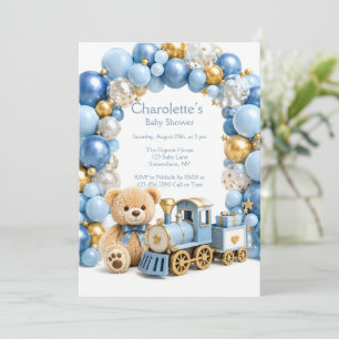 Convite Chá de Bebê Menino Urso de Pelúcia Azul Dourado Tr