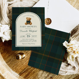 Convite Chá de Bebê Menino Urso de Pelúcia Tartan Polo