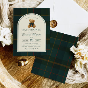 Convite Chá de Bebê Menino Urso de Pelúcia Tartan Polo