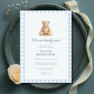 Convite Chá de Bebê Menino Urso de Pelúcia Xadrez Azul