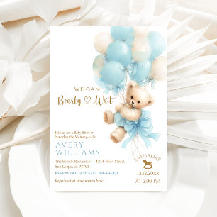 Convite Chá de Bebê Menino Urso Teddy Balão Azul Laço