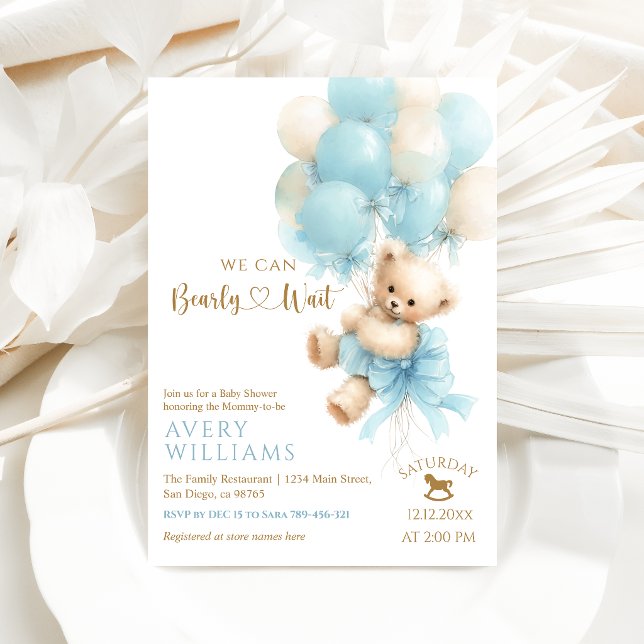 Convite Chá de Bebê Menino Urso Teddy Balão Azul Laço (Criador carregado)