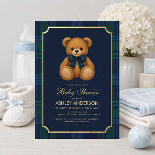 Convite Chá de Bebê Menino Urso Teddy Elegante Xadrez Azul