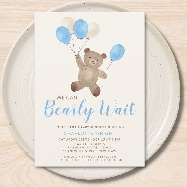 Convite Chá de Bebê Menino Urso Teddy Mal Podemos Esperar  (Criador carregado)