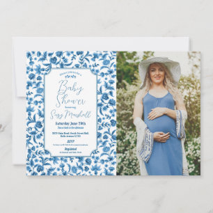 Convite Chá de Bebê Menino Xadrez Azul foto Floral Ditsy