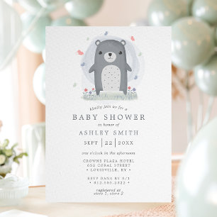 Convite Chá de Bebê Meninos Urso Cinza Aquarela Simples Fo