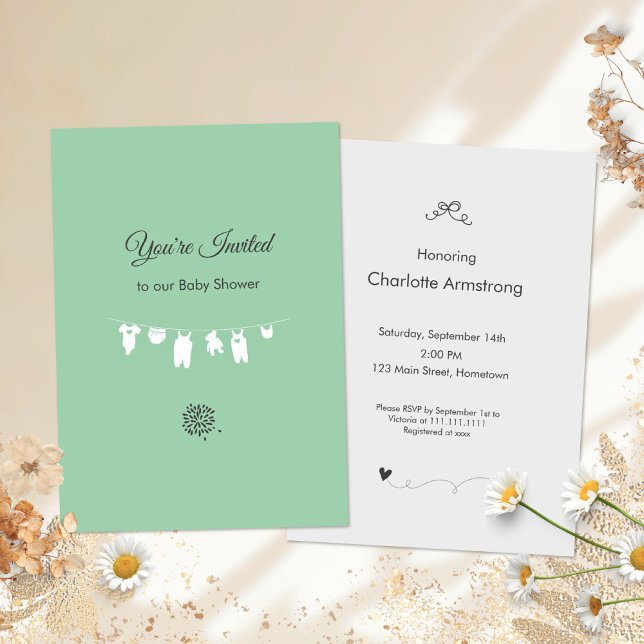 Convite Chá de Bebê Minimalista em Verde Menta (Mint Green Minimalist Baby Shower Invitation ©Susanne Sachers - Sunny Mind Design 🌞)