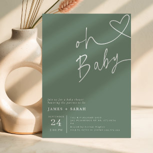 Convite Chá de Bebê Minimalista Moderno em Verde Sage