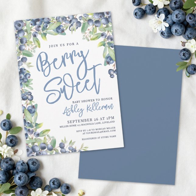 Convite Chá de Bebê Mirtilo Doce Morango (Berry Sweet Blueberry Baby Shower Invitation)