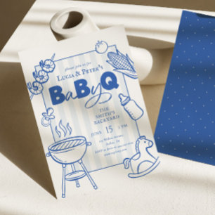 Convite Chá de Bebê Modern Blue BBQ Casal Baby-Q