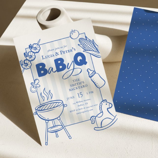 Convite Chá de Bebê Modern Blue BBQ Casal Baby-Q (Criador carregado)