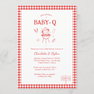 Convite Chá de Bebê Moderno Baby-Q BBQ Xadrez Vermelho