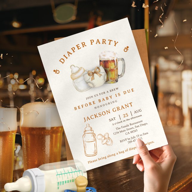 Convite Chá de Bebê Moderno de Fraldas e Cerveja Neutro em (Modern Gender Neutral Beer Diaper Baby Shower Invitation)
