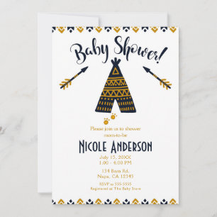 Convite Chá de Bebê Moderno e Chic em Azul e Dourado em Te